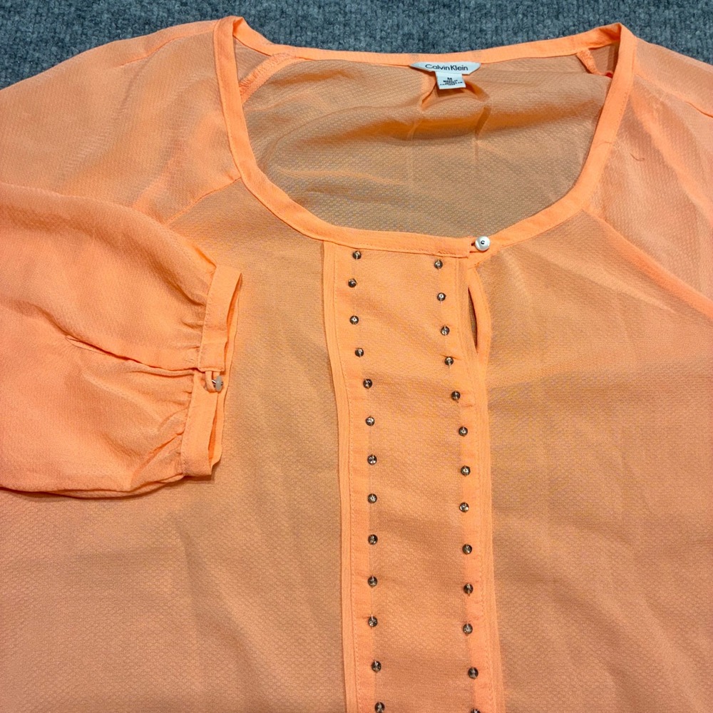 Calvin Klein Sheer‎ Beaded Button Front Blouse Women Peach M Tunic Top Preppy